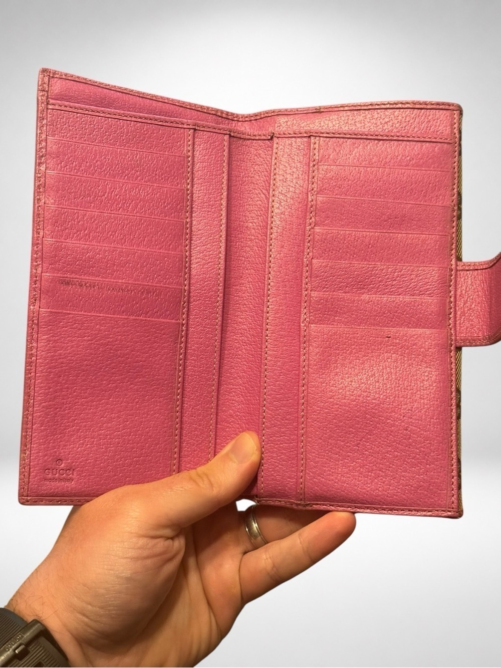 Gucci Abbey D-Ring Long Wallet Beige GG Canvas Fuchsia Leather Continental Y2K - Picture 13 of 17
